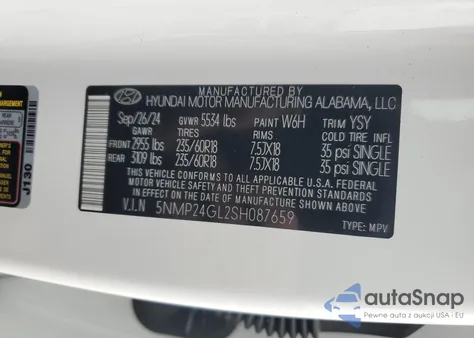 2025 Hyundai Santa Fe Sel из США, поврежденный, VIN 5NMP24GL2SH087659